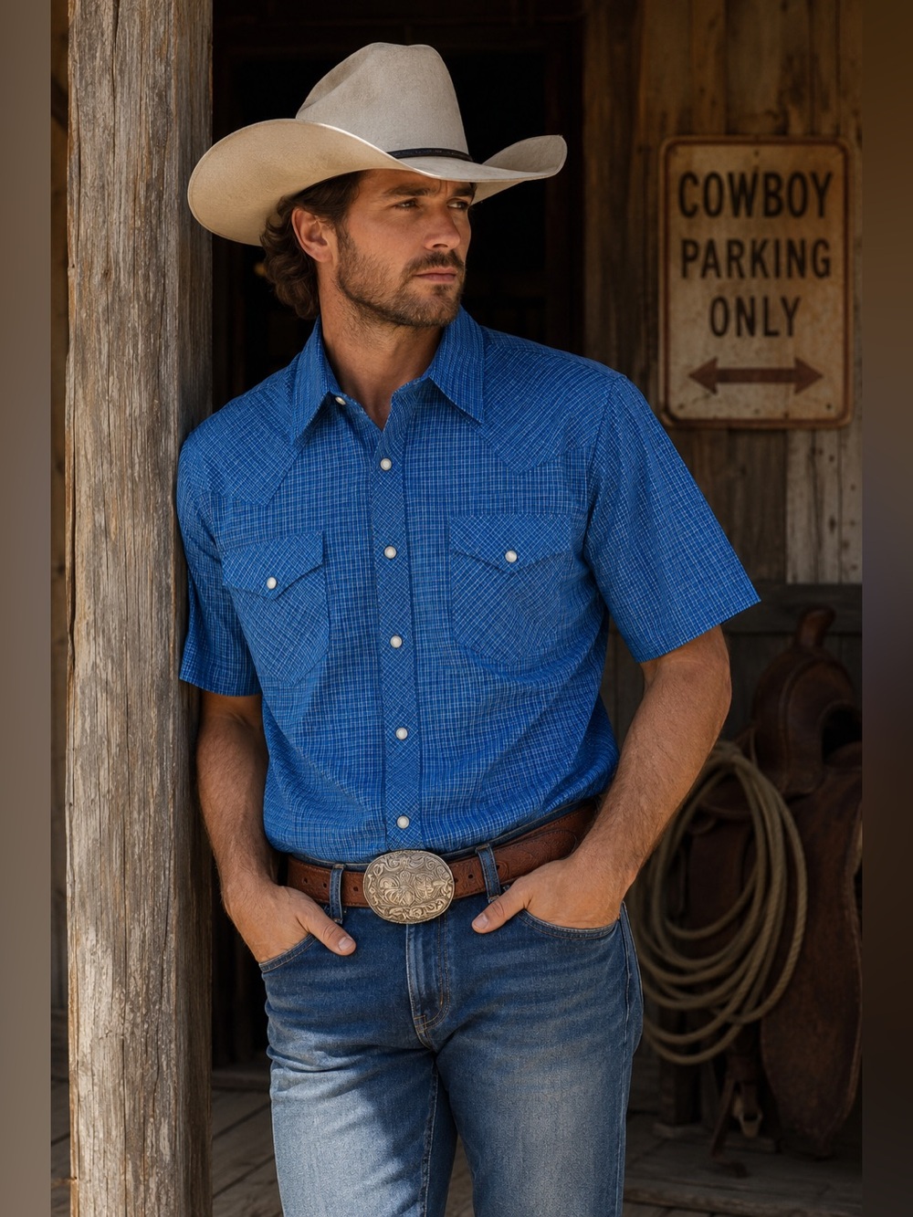 Wrangler Western Blue Plaid Pearl Snap Short Sleeve Cowboy Shirt Men's